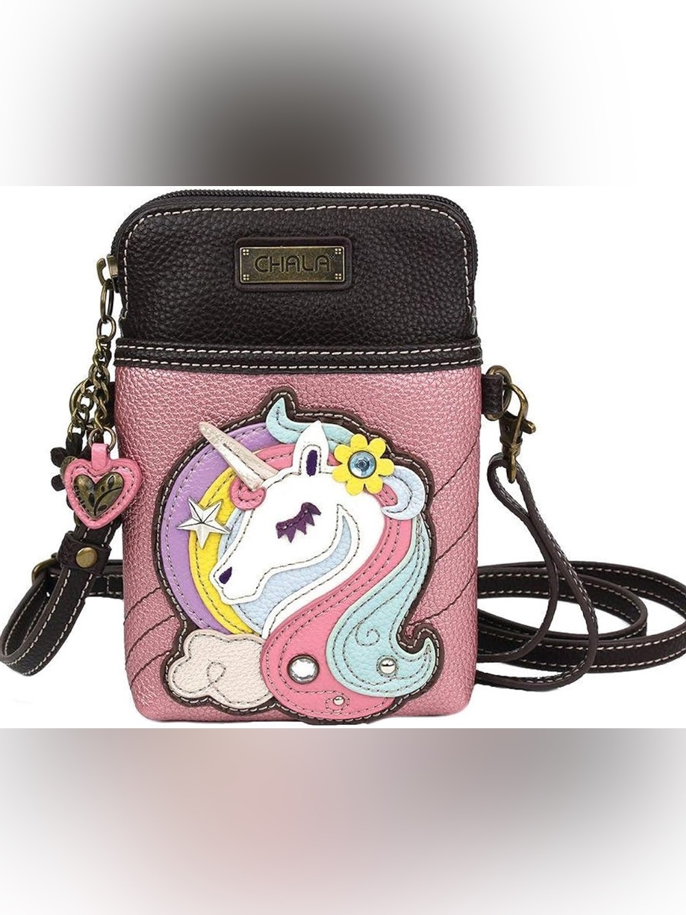 EUC/LIKE NEW Chala Brown Crossbody Phone Bag with Multicolor Unicorn Patch